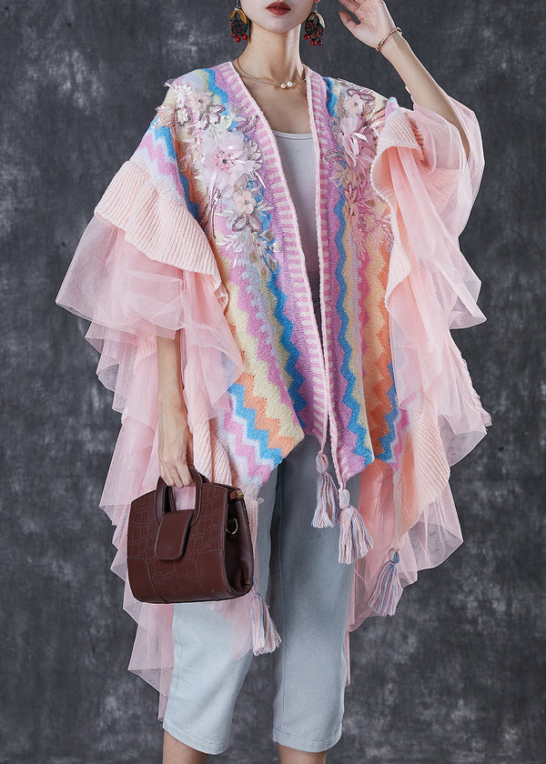 Handmade Pink Ruffles Patchwork Print Knit Shawl Spring