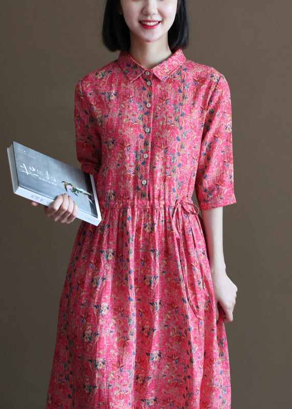 Handmade Red Drawstring Peter Pan Collar Print Linen Shirt Dress Half Sleeve