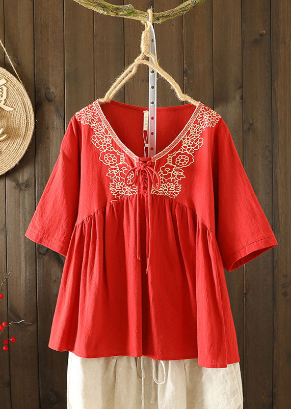 Handmade Red V Neck Embroidered Lace Up Wrinkled Patchwork Linen Tops Short Sleeve