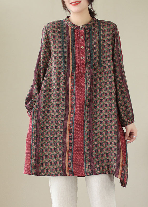 Handmade Red Wrinkled Print Cotton Mid Shirts Dress Spring