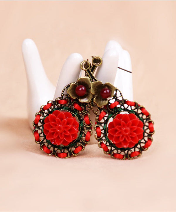 Handmade Vintage Red Hollow Out Floral Patchwork Drop Earrings