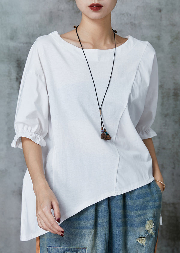 Handmade White Asymmetrical Patchwork Cotton Top Half Sleeve