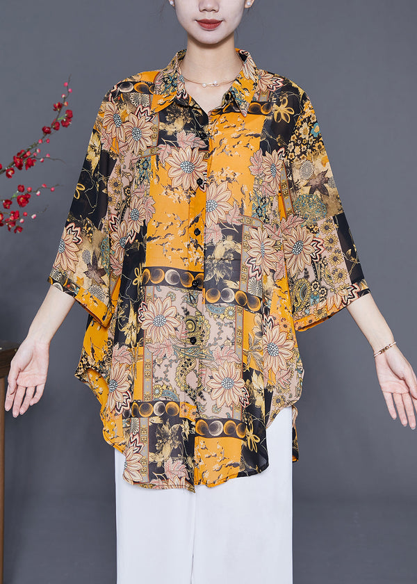 Handmade Yellow Oversized Print Chiffon Shirts Summer