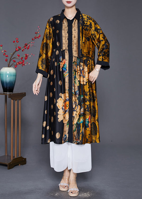 Handmade Yellow Oversized Print Wrinkled Silk Coats Fall