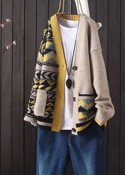 Italian Apricot V Neck Print Pockets Knit Cardigans Winter