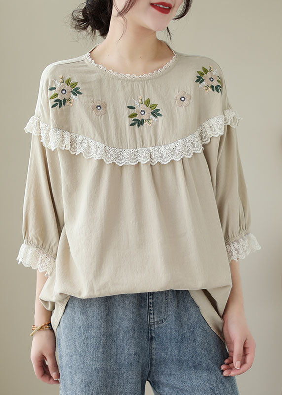 Italian Beige Embroidered Lace Patchwork Cotton T Shirt Tops Summer