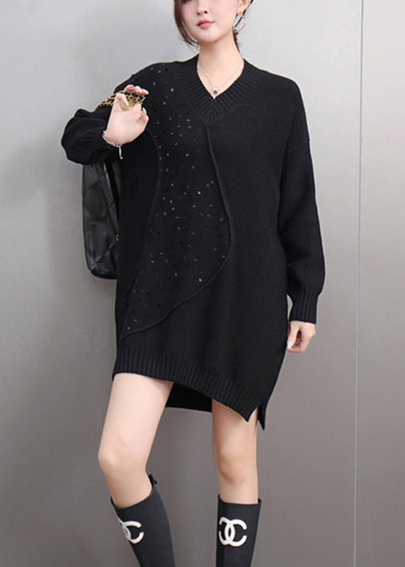 Italian Black Asymmetrical Thick Patchwork Sequins Cotton Knit Sweaters Winter