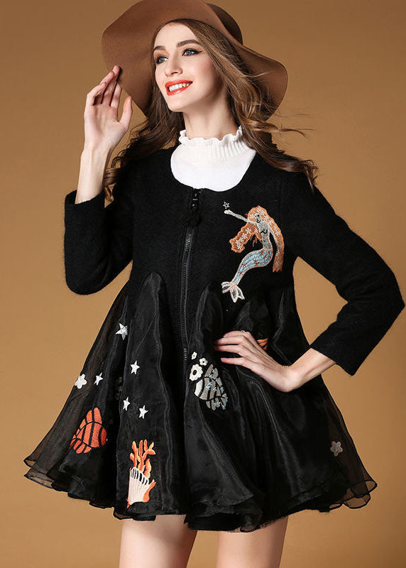 Italian Black Embroidered Organza Patchwork Woolen Coat Spring