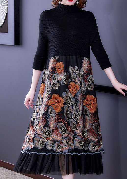 Italian Black High Neck Embroidered Patchwork Knit Long Dresses Long Sleeve