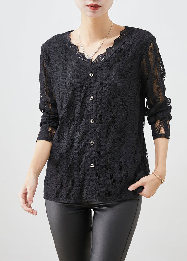 Italian Black Hollow Out Warm Fleece Lace Tops Fall