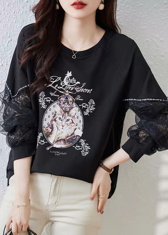 Italian Black Print Tulle Patchwork Sweatshirts Top Fall