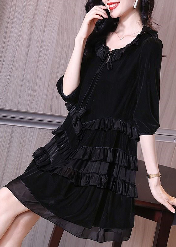 Italian Black Ruffled Lace Up Patchwork Velour Mid Dress Half Sleeve