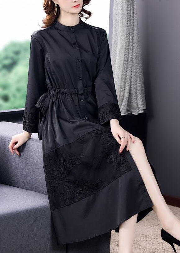 Italian Black Stand Collar Embroidered Patchwork Cotton Trench Long Sleeve