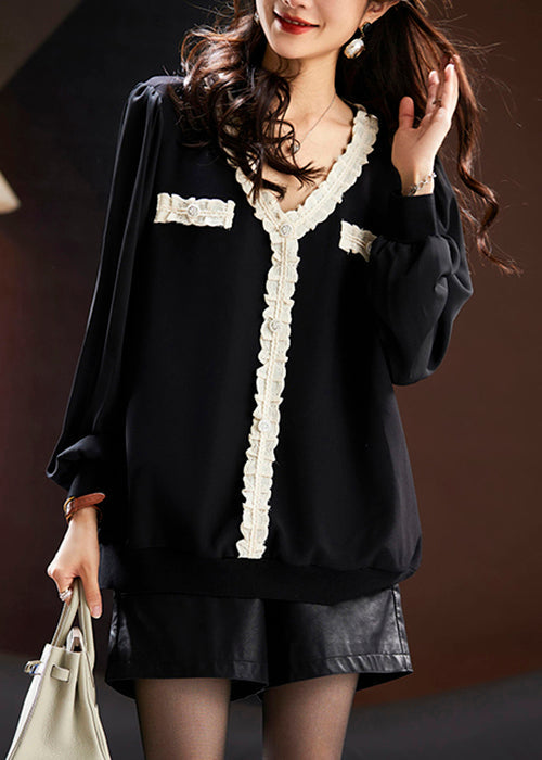 Italian Black V Neck Lace Patchwork Chiffon Tops Spring