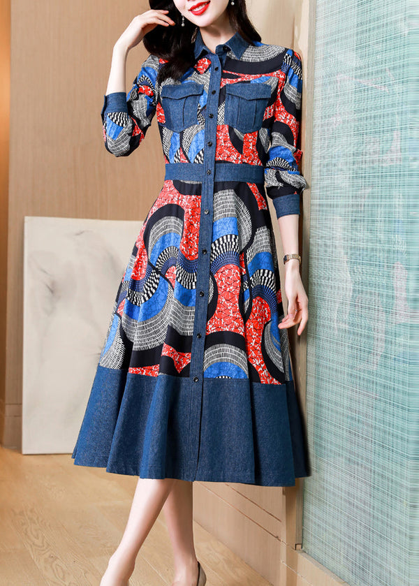 Italian Blue Peter Pan Collar Print Patchwork Denim Dress Fall