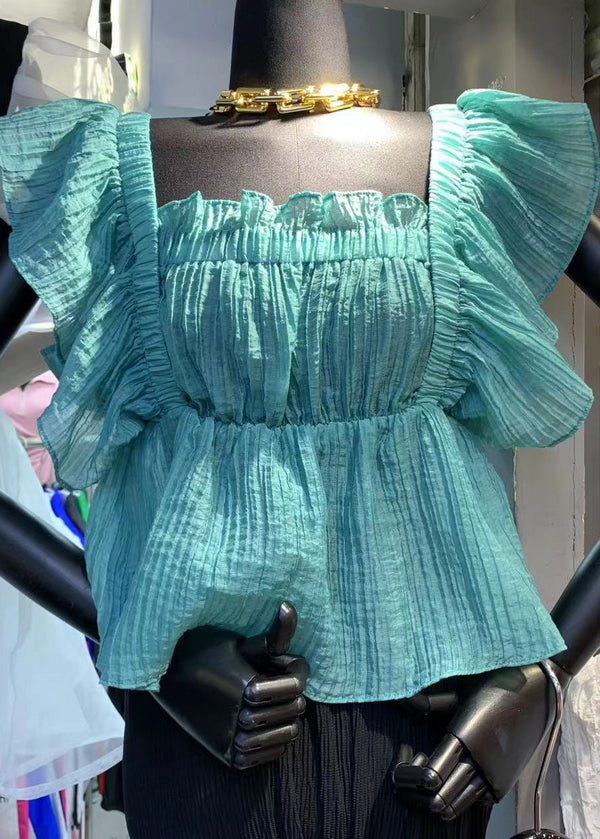 Italian Blue Ruffled Patchwork Chiffon Shirt Top Summer