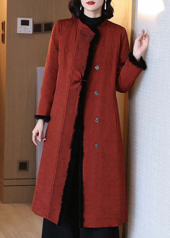 Italian Brick Red Fluffy Button Patchwork Duck Down Coat Long Sleeve