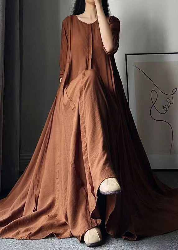 Italian Caramel O Neck Wrinkled Patchwork Cotton Long Dress Fall