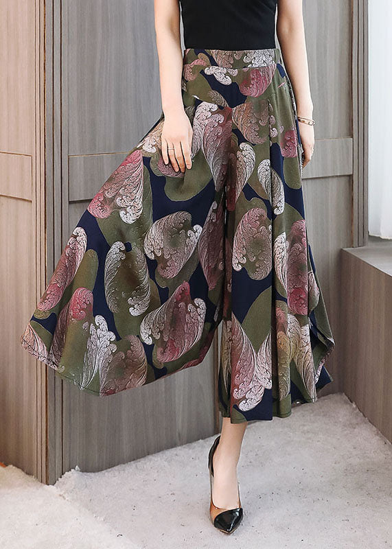 Italian Colorblock Elastic Waist Pockets Print Chiffon Wide Leg Pant Skirt Summer