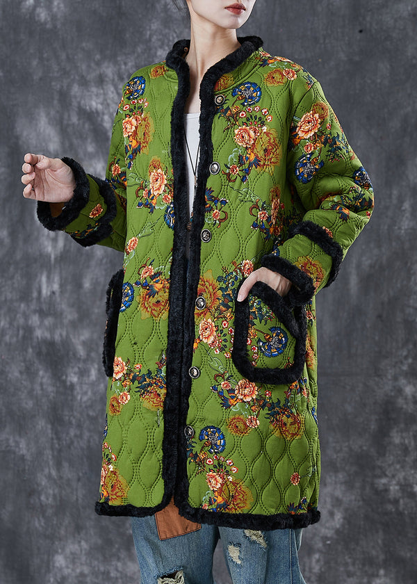 Italian Green Print Patchwork Warm Fleece Trench Winter