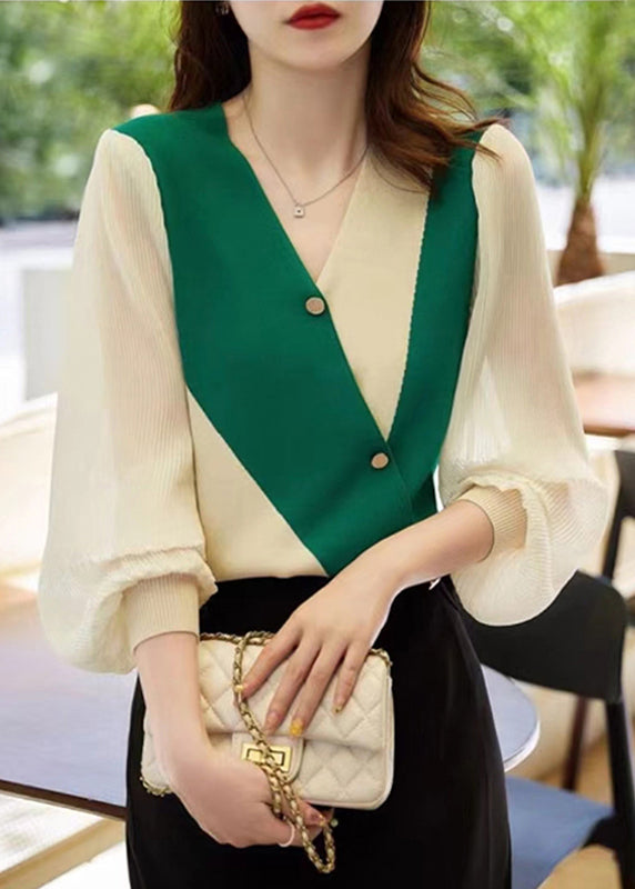 Italian Green V Neck Chiffon Patchwork Knit Shirts Fall