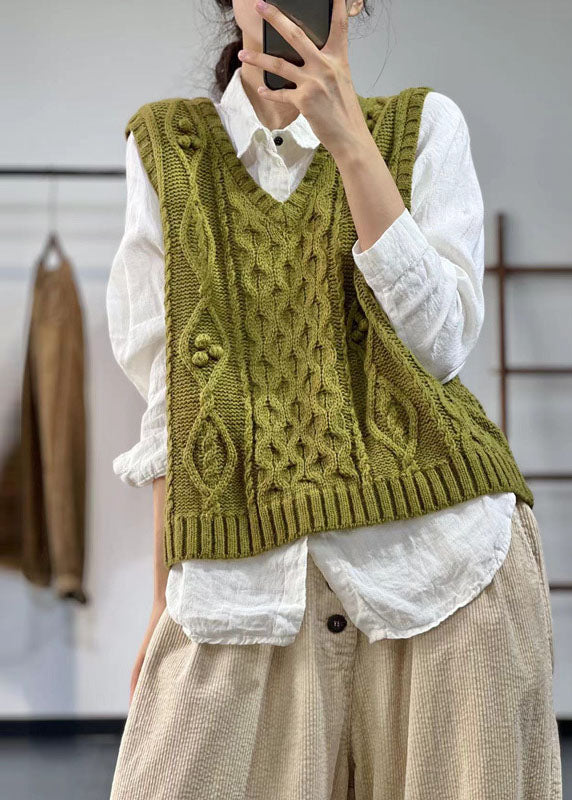 Italian Green V Neck Chunky Oversized Cable Knit Vest Winter