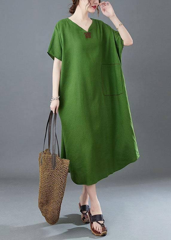 Italian Green V Neck Embroidered Patchwork Linen Long Dresses Summer