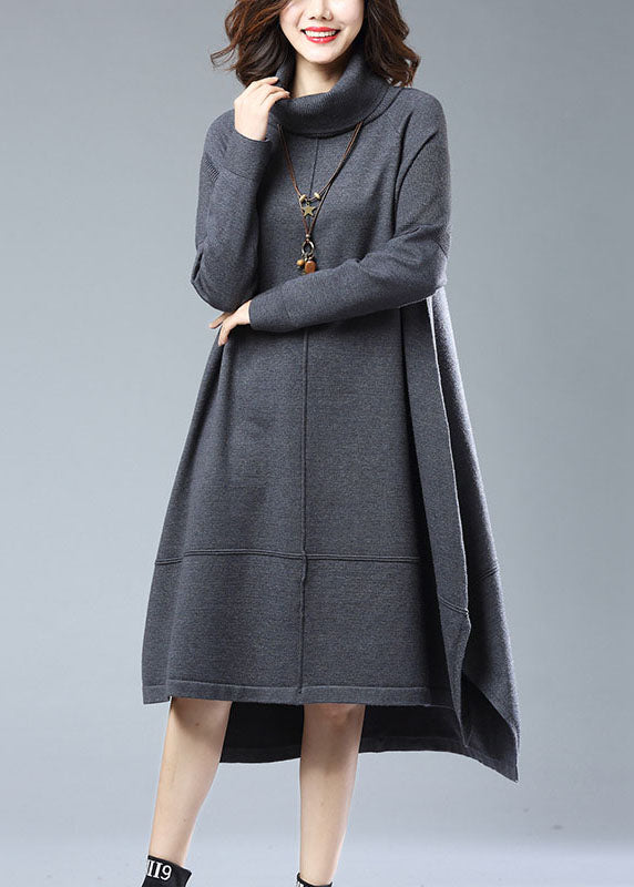 Italian Grey Turtleneck Low High Design Patchwork Woolen Dress Fall