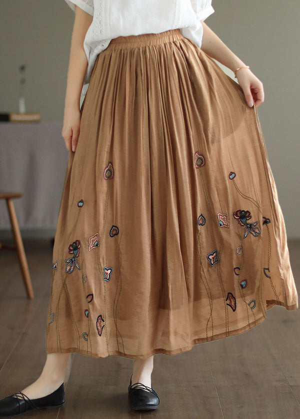 Italian Khaki Embroidered Exra Large Hem Linen Silk Skirts Spring