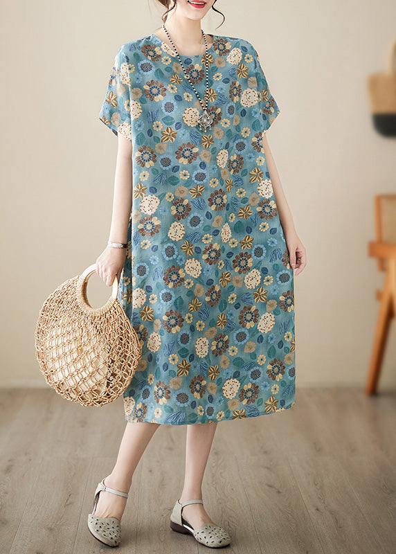 Italian Light Blue Print Cotton Party Long Dress Summer