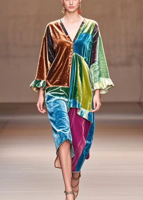 Italian Multicolor Asymmetrical Patchwork Silk Velvet Day Dress Fall