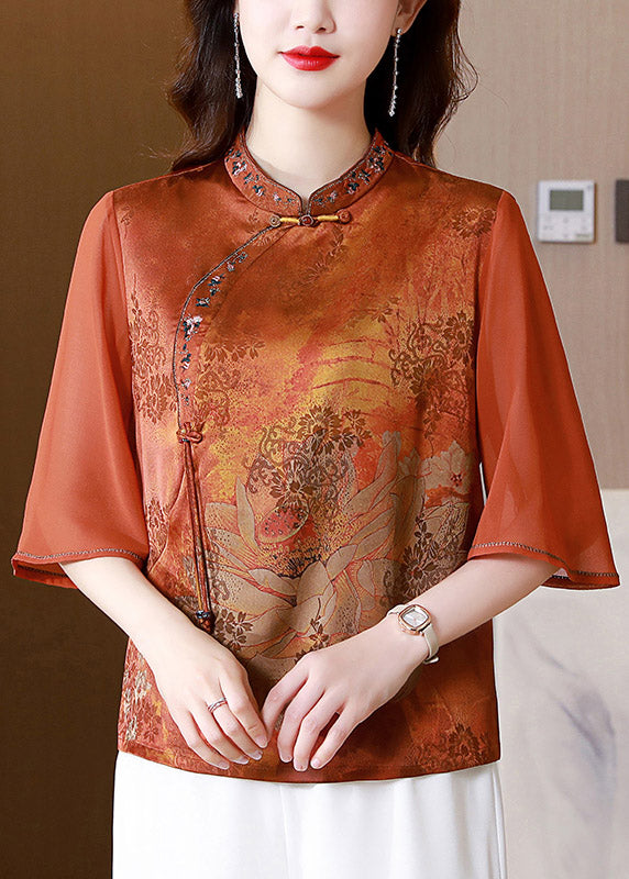 Italian Orange Embroidered Button Silk Shirt Half Sleeve