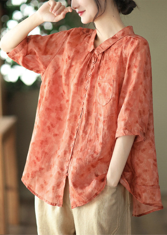 Italian Orange Peter Pan Collar Print Button Linen Shirt Half Sleeve