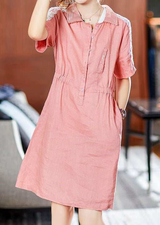 Italian Pink Peter Pan Collar Lace Patchwork Cotton Mid Dress Summer