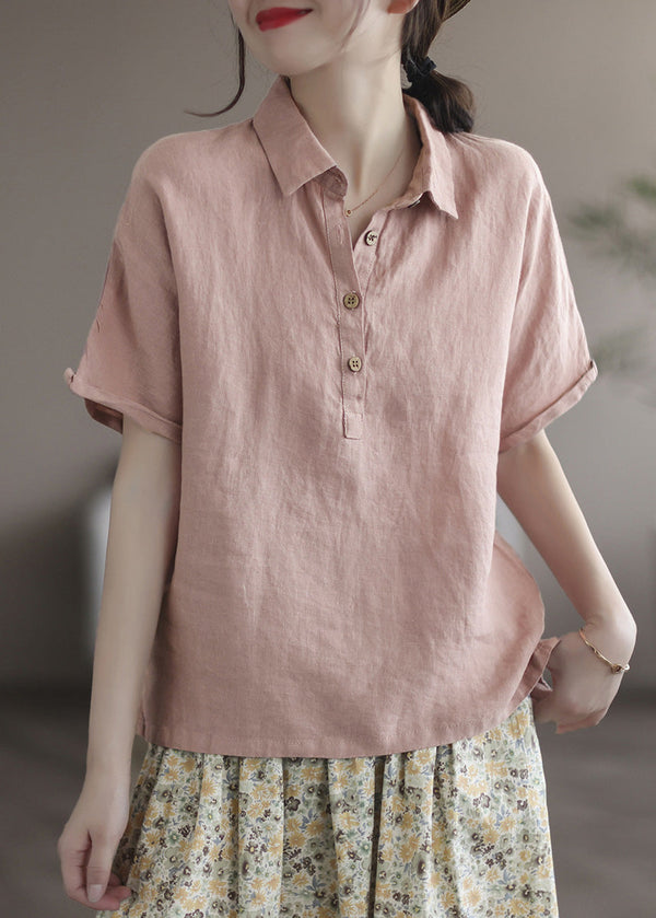 Italian Pink Peter Pan Collar Patchwork Button Solid Linen Top Short Sleeve