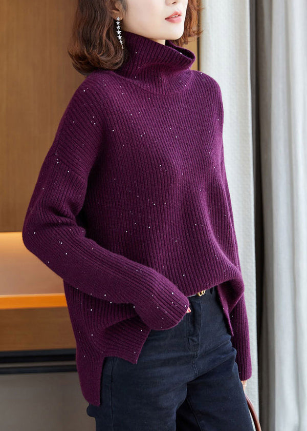 Italian Purple Hign Neck Sequins Knit Pullover Sweaters Winter