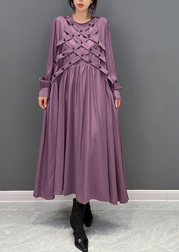 Italian Purple O-Neck Wrinkled Button Maxi Dresses Spring