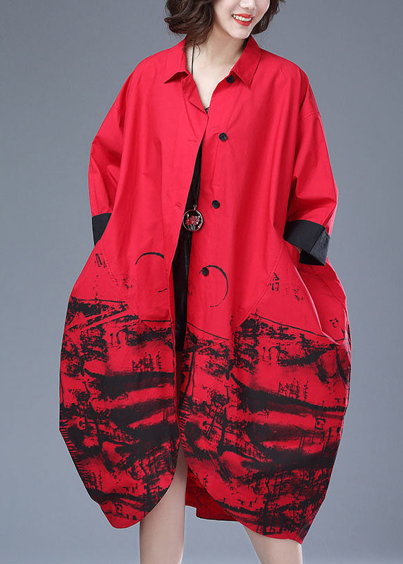 Italian Red Print Button Pockets Patchwork Cotton Long Trench Coat Fall