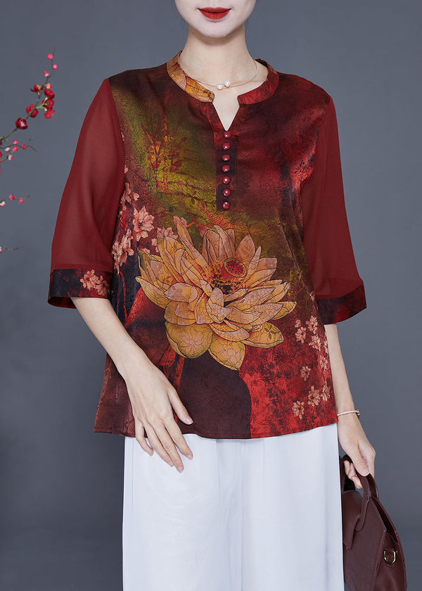 Italian Red Print Patchwork Silk Blouses Half Sleeve