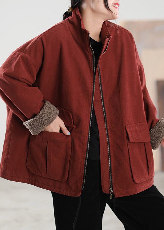 Italian Red Stand Collar Zippered Pockets Coats Winter