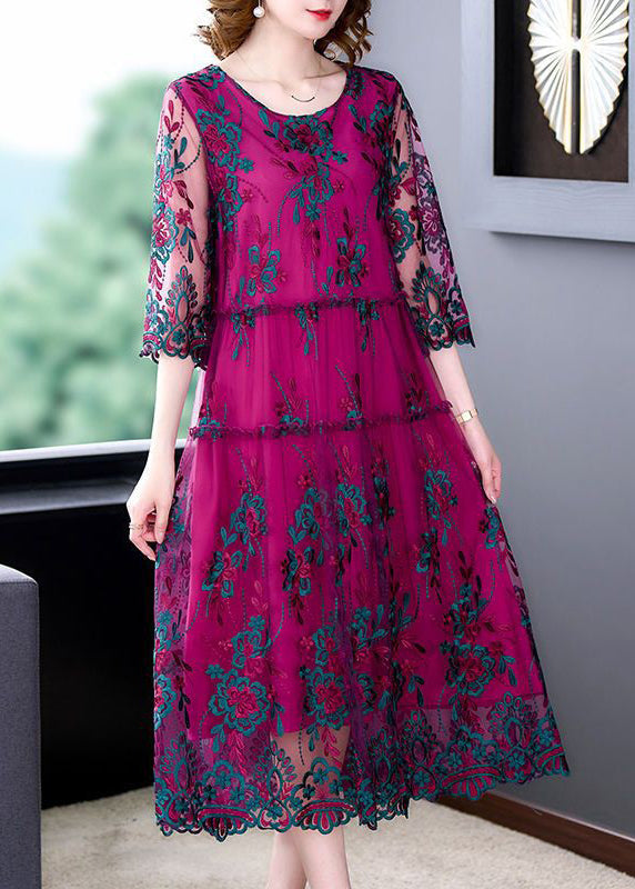 Italian Rose Embroideried Ruffled Patchwork Tulle Dress Half Sleeve