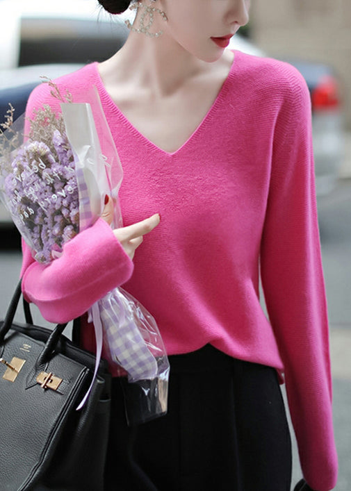 Italian Rose V Neck Warm Woolen Knit Top Fall