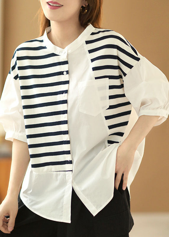 Italian White Stand Collar Asymmetrical Design Patchwork Striped Cotton Shirts Half Sleeve