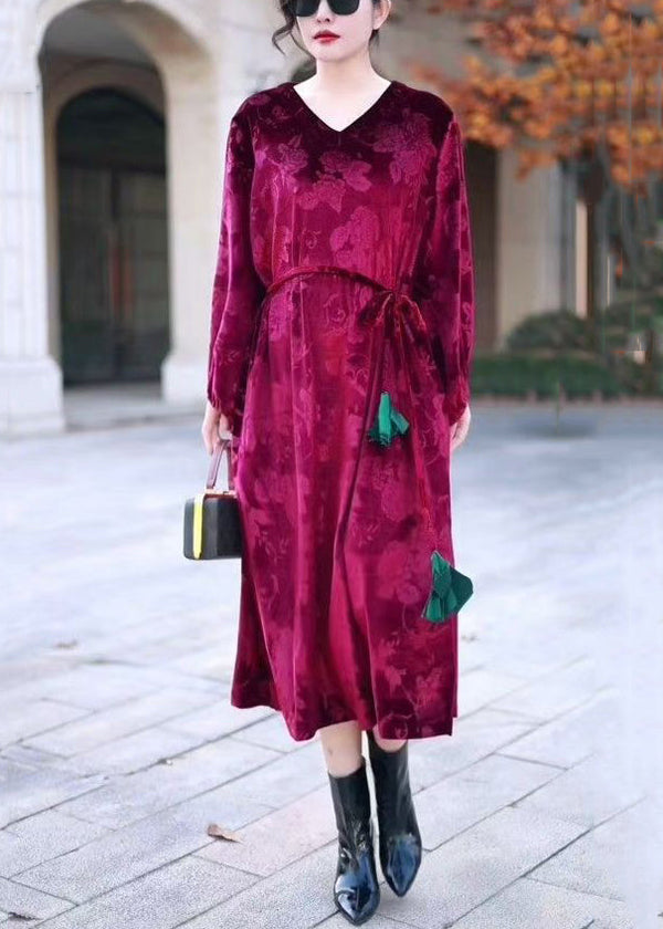 Italian Wine Red V Neck Tie Waist Silk Velvet Long Dresses Winter