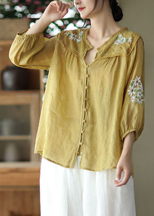 Italian Yellow Embroidered Lace Patchwork Linen Shirt Tops Bracelet Sleeve