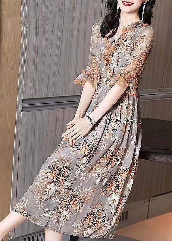 Italian Orange Ruffled Print Wrinkled Silk Holiday Dresses Flare Sleeve