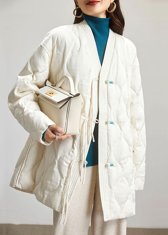 Jacquard Beige V Neck Button Patchwork Duck Down Coat Spring