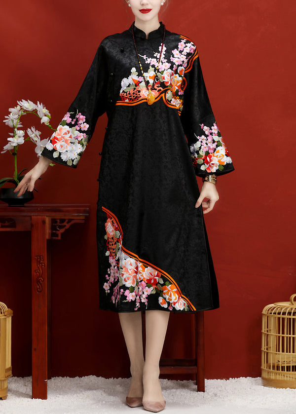 Jacquard Black Embroidered Button Side Open Silk Maxi Dress Long Sleeve