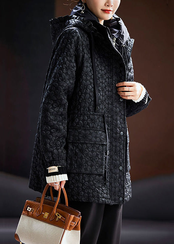 Jacquard Black Hooded Pockets Drawstring Cotton Filled Coats Spring