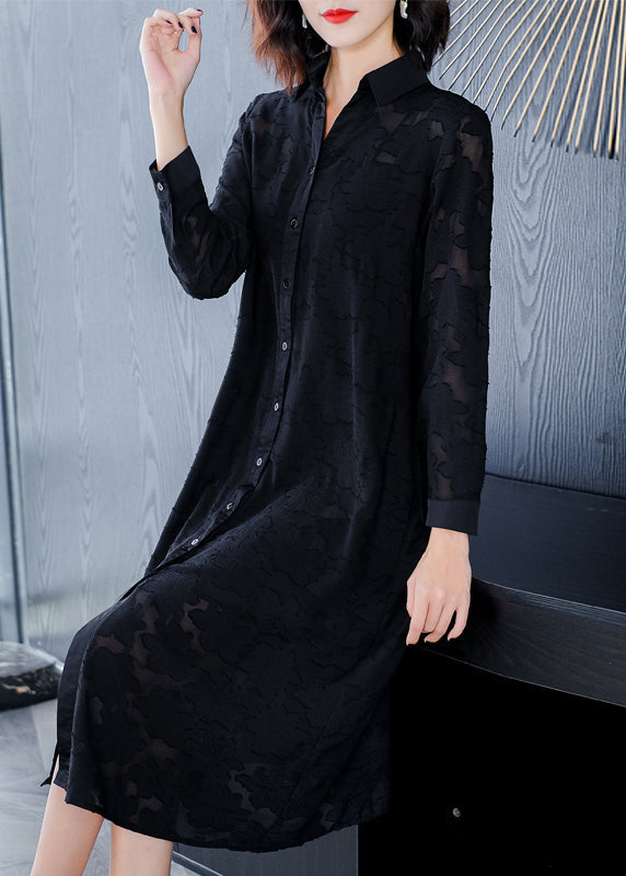 Jacquard Black Peter Pan Collar Button Long Dress Long Sleeve